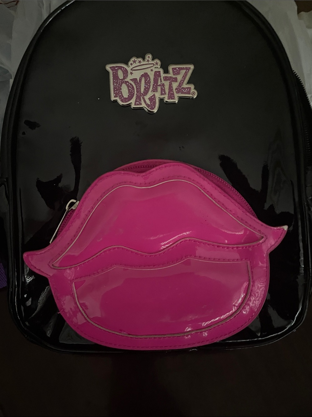 Bratz Women's Glossy Black Backpack with Hot Pink Lips Pocket